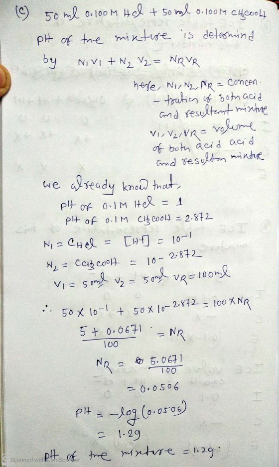 50 ml 0.100m Hel + 50 ml 0.1004 Ch Coolt, pH of the mixture is determina by NIVI+N₂ V2 = WRER here, WI, W2, ARE Concen. - tru