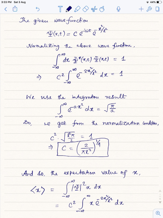 3:33 PM Sat 3 Aug 44%D + 0 Ý Ô 5 T CÓ The given wave function (x,t) = céiwt søke Normalizing the above wave fine from, dx D*(