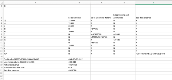 1 1) Bad debt expense N N N N 2 3 (a) 4 b) 5 C) 6 d) 7 e) 8 f) 9 g) 10 h) 11 i) 12 ) 13 k) 14 0) 15 m) Sales Returns and Sale