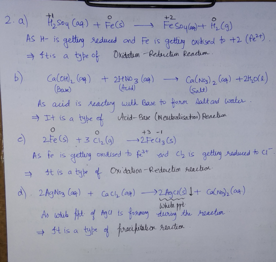 2.a) Ihy sou caq.) + Fe(s) Fresoulan) + H2 (9) AS to +2 (Fe). H is getting reduced and Fe is getting oxidised It is a type of