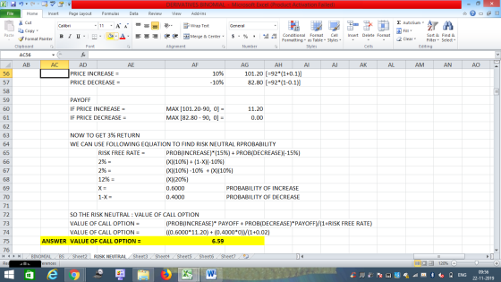 DERIVATIVES BINOMIAL - Microsoft Excel (Product Activation Failed) File Home Insert Page Layout Formulas Data Review View Add