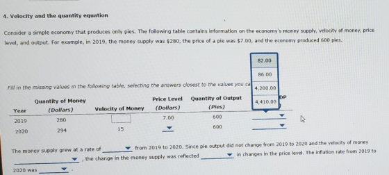 4. Velocity and the quantity equation Consider a simple economy that produces only pies. The following table contains informa