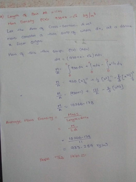 AB = 11m kg/m² e(a)= 936+* - * Length of Bar Mais Density Let A m2 Cross-section- the Area of da, at a distance thin Strip of