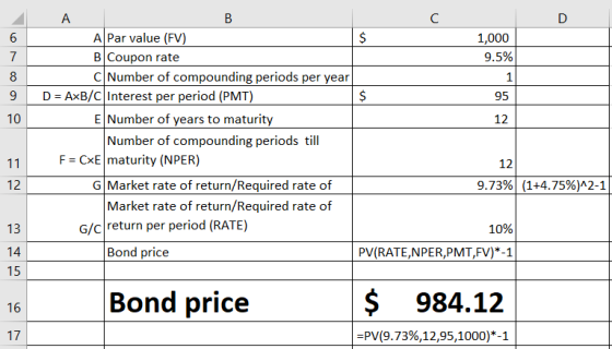 1,000 9.5% 95 10 12 A Par value (FV) B Coupon rate C Number of compounding periods per year D = AxB/C Interest per period (PM