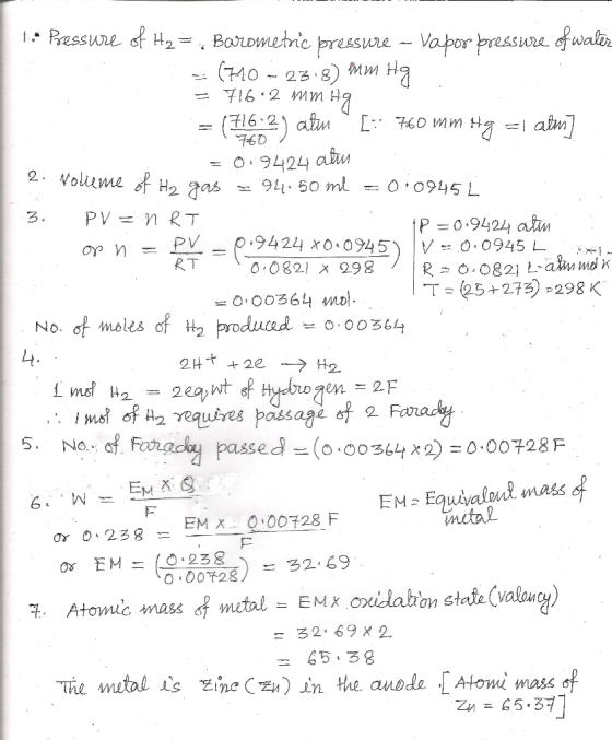 1. Pressure of H2 = . Barometric pressure - Vapor pressure of waler - (7402318) mm Hg = 716.2 mm Hg = (7163) atm [3 760 mm H