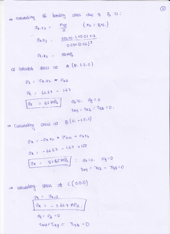 ウa kataling 6 bending cross dueto 003 (0.02)3 66.67-141 → Calculanng stuss at Blo-ISI) → altulatina goss at C(0.0.0) 66 MPa