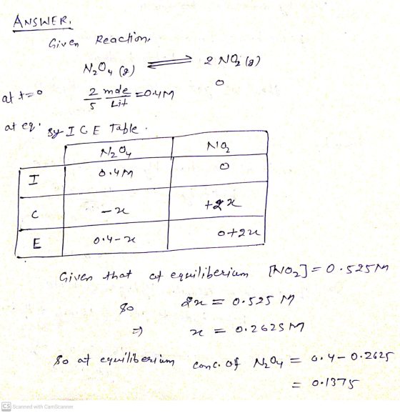 ANSWER, Given Reaction, 2 NO (a) N2O 4 (9) 2 mode coum at tao Lit at eqi By ICE Table NO2 N204 0.4M H ton С. re otan E 0.4-20