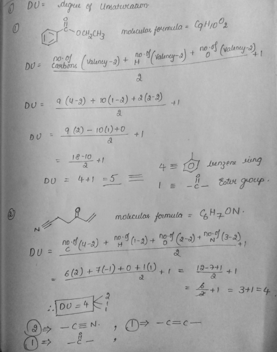 DU aegee ef Unsatuwraton molucular foumula CqHIo n0-0Valuny-a) valney-s) no + + DU= Cabins a (u-3) 10(1-a) +d (a-2) DU = +1 9