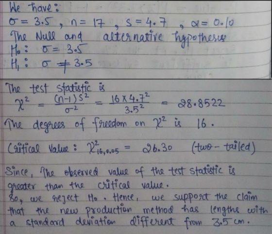 alternative hypothesis (ny) s2 0-2 3.5² We have a o= 3.5 n = 17 9 s=4.7 Q = 0.10 The Null and Ho : o=3.5 Hii o +3.5 The test