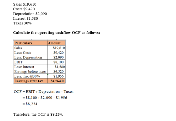 Sales $19,610 Costs $9,420 Depreciation $2,090 Interest $1,580 Taxes 30% Calculate the operating cashflow OCF as follows: Par