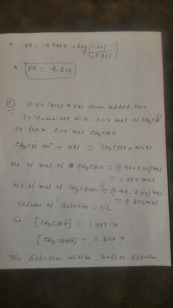 & PH = 4.7447 + lig (1005) 0.855 a, (pH = 4.814 0.117 molto Hee when added, then. I t combines with 0.117 mol of Hz Coo to fo