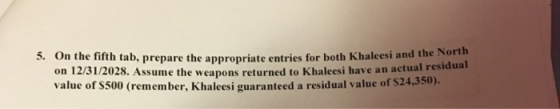 5. On the fifth tab, prepare the appropriate entries for both Khaleesi and the North i have an actual residual on 12/31/2028.