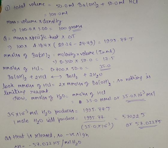 total volume = 50.0ml Balon) & 50.0 me Hal = 10v.ome man = volume x density - 100.0x1.00 = 100 grama Q = many specific heat X