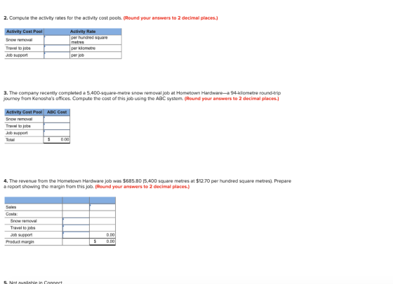 2. Compute the activity rates for the activity cost pools. (Round your answers to 2 decimal places.) Activity Cost Pool Snow