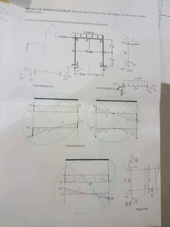 SHEAR AND MOMENT DIAGRAM: Draw diagram (20pts.) and label the parts of the load diagram and shear and moment 23. For the given frame draw the shear and moment diagram of each member 22 kN/m 5 m Hinge 5 m 110kN 1475 FOR MEMBER AC FOR MEMBER CE 27 FOR MEMBER EG /47s llD Page d of 4