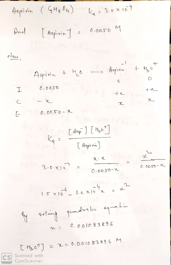 HILINI Aspirin ( G Hq O4) ka= 3.0x104 And [ Aspinint = 0.0050 M Ja Aspisin Aspinios t tho Aspirin + Ho 0.0050 c ECO -a 0.0050