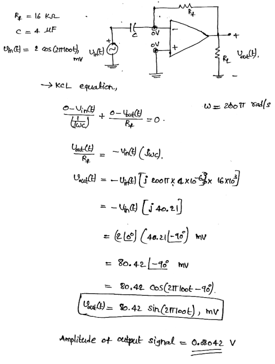 M Re = 16 KJ C 4 uF oV mV kcL equafion, O-Vin O-4ut O yute uld - elo 4a.2-16 - 8o.42-1o mv 8o,42 Cos(21loot-16) So.42 Sin (2r