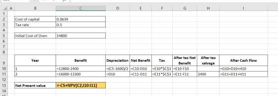 C D 0.0639 Cost of capital Tax rate 0.5 Initial Cost of Oven 14800 Year Benefit After Cash Flow Depreciation Net Benefit 1=(C