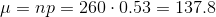 \mu=np=260\cdot 0.53=137.8