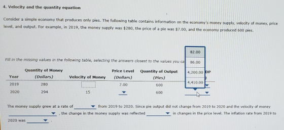 4. Velocity and the quantity equation Consider a simple economy that produces only pies. The following table contains informa