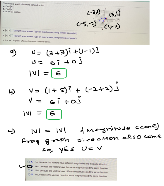 have the same direction The vectors u and a. Find ul. b. Find vi c. Is V? Explain (-3,1) (3,1) (-5,-2) (1-2) a. Jul (Simpli