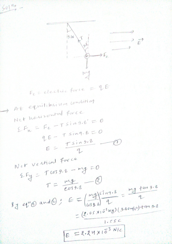 Solno 19.60 = q E force Fe - electric At equilibrium condition Net horisontal force {Fn = Fe - I sing. 8 = 0 9 E- Ting. 8 = 0