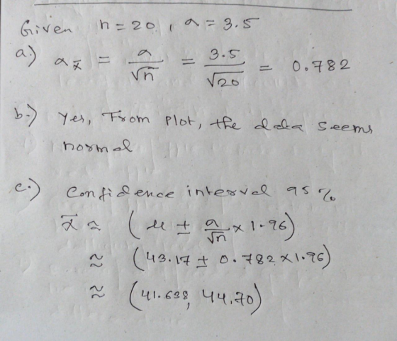 h 20 3.S Given a) 3.5 0.782 Yer, From Plot, tRe del Seems nosmal e.) Contience intexvel s . 1-76) 42. 1t0.782 xl.7c) 41.629 4
