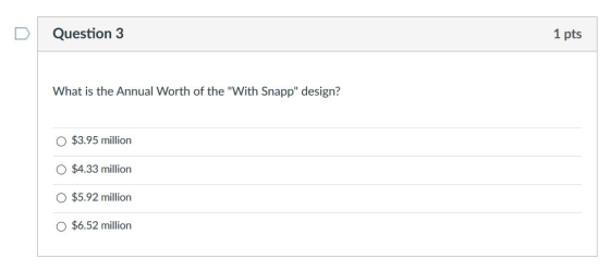 Question 3 1 pts What is the Annual Worth of the With Snapp design? $3.95 million $4.33 million $5.92 million $6.52 million