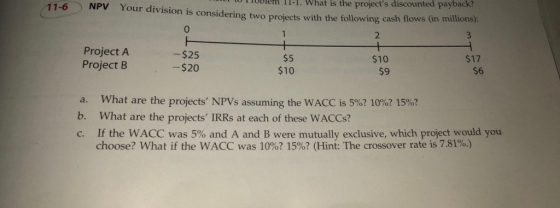 11-6NPV Your division is considering two projects with the following cash blem T1-1. What is the projects discounted payback? flows dn 0 Project A Project B -$25 -$20 $5 $10 $10 $9 $17 $6 a. What are the projects NPVs assuming the WACC is 5%? 10%? 15%? b. What are the projects IRRs at each of these WACCs? C. If the WACC was 5% and A and B were mutually exclusive, which project would you choose? What if the WACC was 10%215%? (Hint: The crossover rate is 7.8190.)