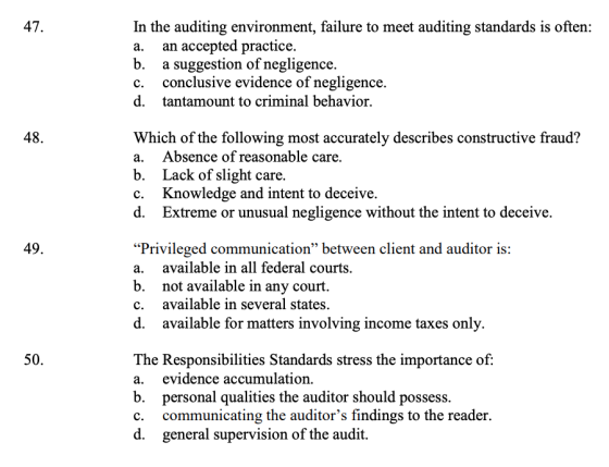 47. a. ooo In the auditing environment, failure to meet auditing standards is often: an accepted practice. b. a suggestion of
