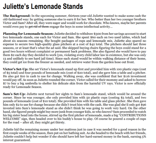 Juliettes Lemonade Stands The Background: In the upcoming summer, thirteen-year-old Juliette wanted to make some cash the ol