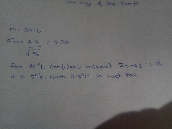 Do size of the sample m-25.6 om= 2.a = 0:30 for & is as to confidence interval 20.02821-96 5%, with 2.5000 in each tail.