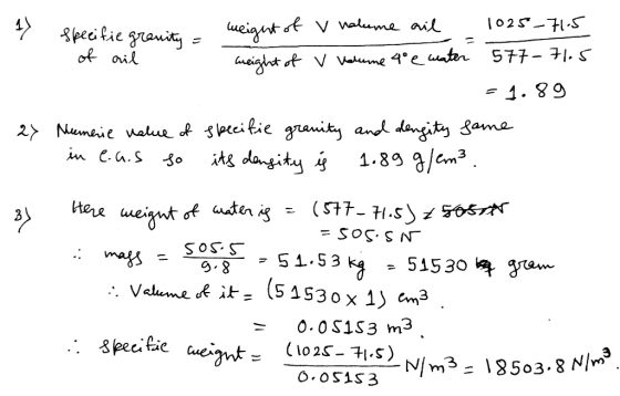 7 Specifie granita - weight of a natume ail 1025_71.5 of oil weight of v Volume 4° e water 577-71.5 = 1.89 27 Numeie value of