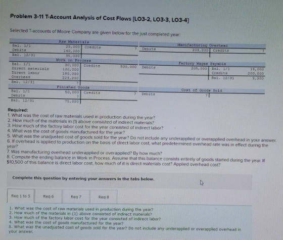Problem 3-11 T-Account Analysis of Cost Flows [LO3-2, LO3-3, LO3-4) Selected T-accounts of Moore Company are given below for