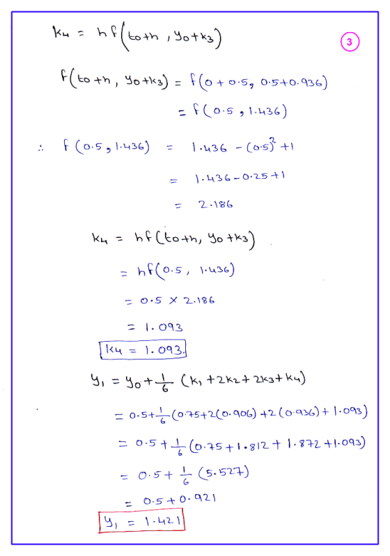 ③ ku = hf (toth, Sotka) f(to th, Yo +k3) = f(0 +0.5, 0.5+0.936) =f(0.5,1.436) : f(0.5,1.436) = 1.436 - (053 +1 = 1.4436-0.25