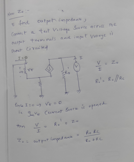 Now Zoi- To find output impedance, Connect a test Voltage Source across the output terminals and input Voltage is short circi