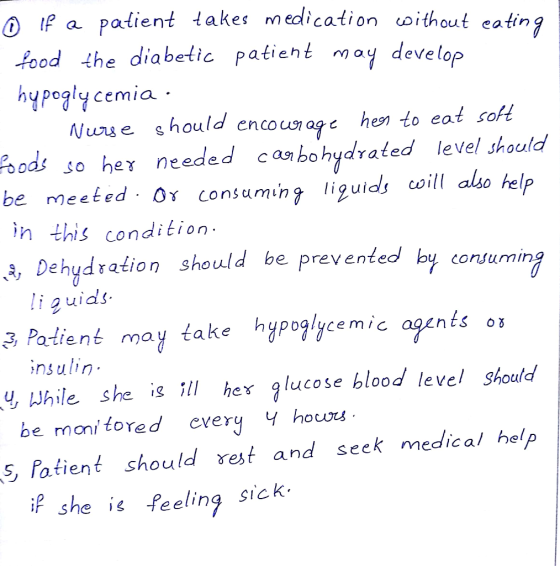 o f a patient takes medication without eating food the diabetic patient may develop - hypoglycemia. Nurse should encourage he