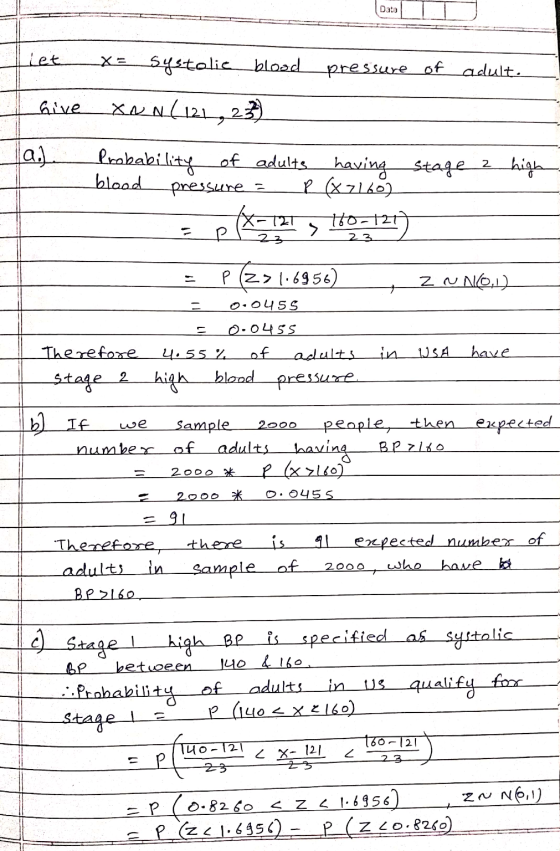 Data let. XE Systolie blood pressure of adult. hive XNN 121,23) al Probability of adults of adults having stage having stage