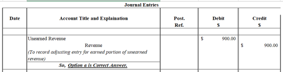 Journal Entries Date Account Title and Explaination Debit Credit Post. Ref. 900.00 900.00 Unearned Revenue Revenue (To record