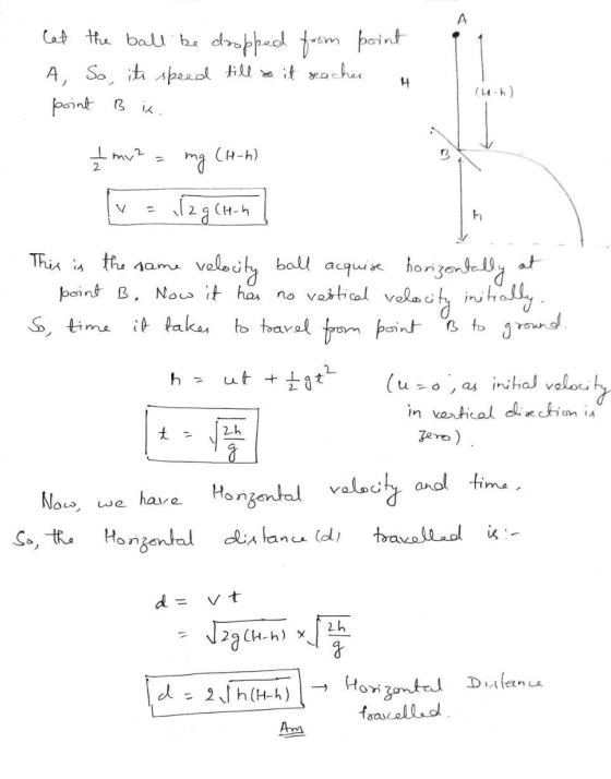 A let the ball be dropped from point A So, its speed till as it reaches point B is. H (14-h ) In my2 = (H-h) 2 mg 12g CH-h V