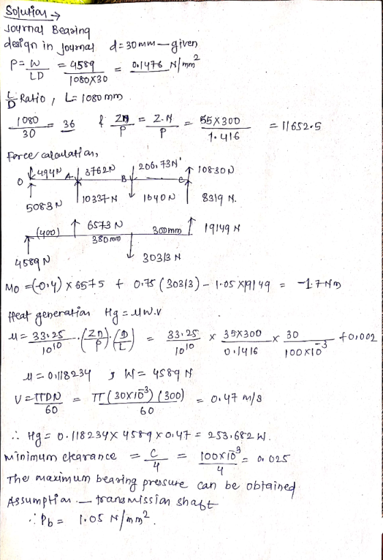 Solution → Journal Begaina LP 1 200, 73N 0 5083 design in Journal d= 30mm -given p=w - 4599 0:1476_N/mm 1080X30 Ratio LA 108