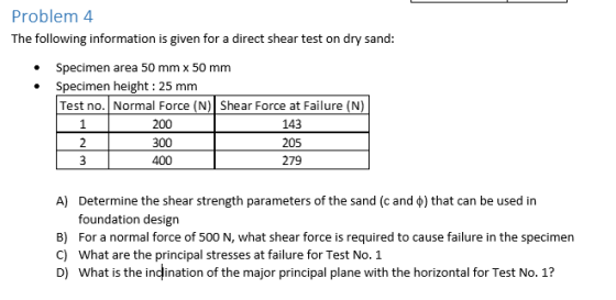 Problem 4 The following information is given for a direct shear test on dry sand: Specimen area 50 mm x 50 mm Specimen height: 25 mm Test no. Normal Force (N) Shear Force at Failure (N) 200 300 400 143 205 279 A) Determine the shear strength parameters of the sand (c and ф) that can be used in foundation design B) For a normal force of 500 N, what shear force is required to cause failure in the specimen C) What are the principal stresses at failure for Test No. 1 D) What is the indination of the major principal plane with the horizontal for Test No. 1?