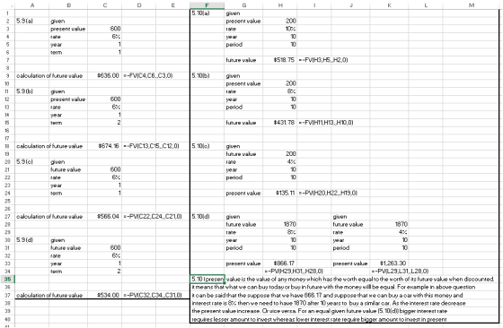 A В C D E G н K L M 5.10(a) 1 given 5.9 (a) 200 2 given present value present value 600 10% 3 rate 6% 10 4 rate year 1 period