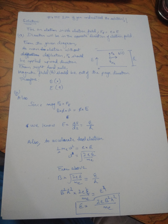 to thit like if you understood the solution!! Solutions For on electron inside electric field, Fo= exe (a) Direction will be