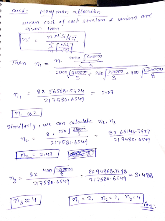 and: Newman allocation. whin cost of each stralum & variaues are given then Ini . n. Misina / inval li: BT Misip n n. Thon 20