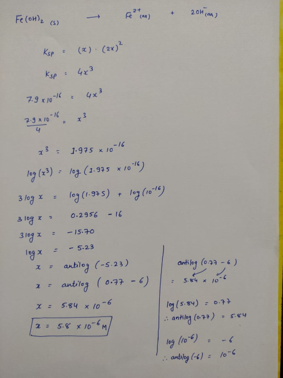 2+ fe cas) 20H (as) Fe (oH)2 + CS) (x) (2x)2 Ksp Ksp Eスク 4x3 7.9 x J0- 16 7.9 x 10 4 -16 1.975 x 10 3 lo9 (23)log (1.93 5 */0