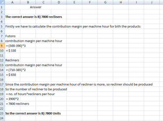 A. В D Е F G Н 1 Answer 2 The correct answer is B) 7800 recliners 3 4 5 Firstly we have to calculate the contribution margin