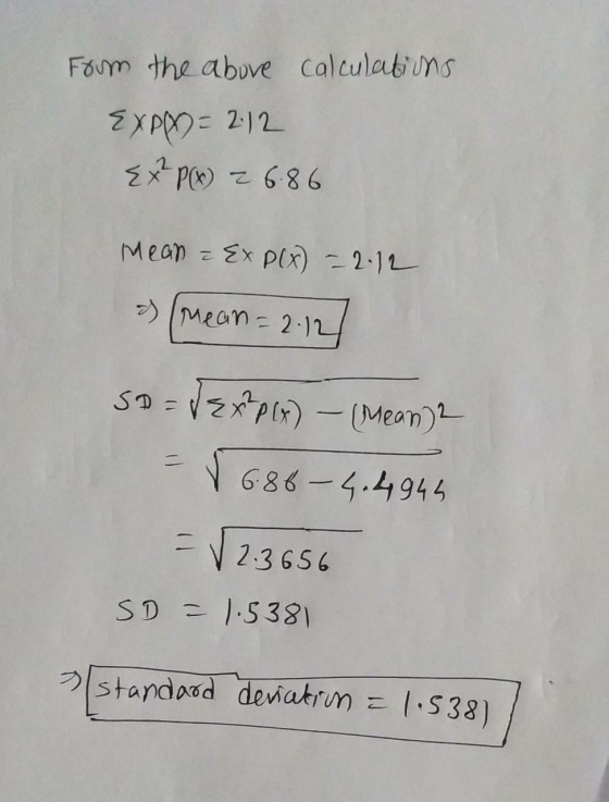 From the above calculations EXP(X) = 2:12 EXP(x) = 6.86 mean = Ex P(x) = 2.12 (mean= 2.12 SD = dExplx) - (Mean) = √ 6.86-4.49
