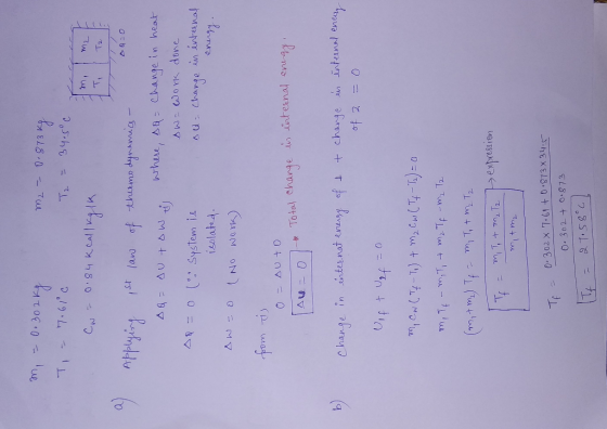 m = 0.302 kg Ti - 7.610 m2 - 0.873 kg Tz = 34.5°C Cw = 0.84KG Tz Applying ist law of thermodynamics - AQ = AutoWt where, sa =
