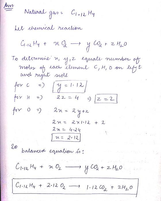 - 2 the Natural gas= Close Hy het chemical reaction Gr.12 Hy + nay Wa + 2H₂O To determinen, y , 2 equate number of moles of e